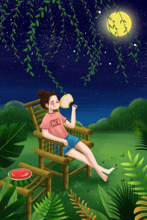 夏天夏季女孩夜晚乘凉初夏夏至大暑节气西瓜