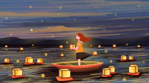 处暑节气夜晚放河灯的小女孩插画28801620px300dpipsd模版下载