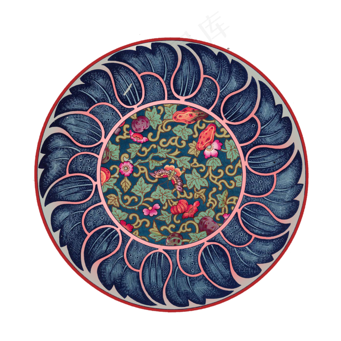 中式古典团花纹饰彩蝶青花免抠元素25002500px300dpipsd模版下载