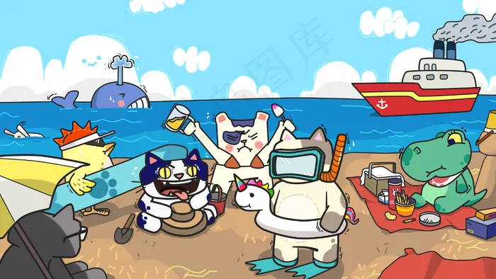夏季可爱卡通动物沙滩玩耍图