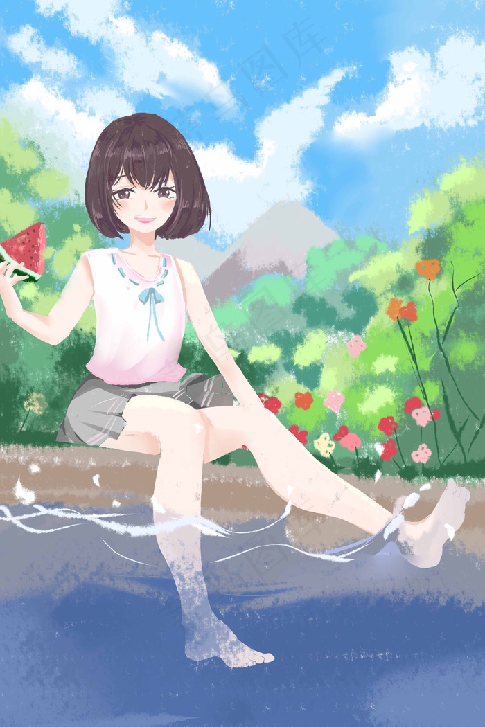 夏日可爱少女户外戏水清新活力手绘风格插画35455315px300dpipsd模版
