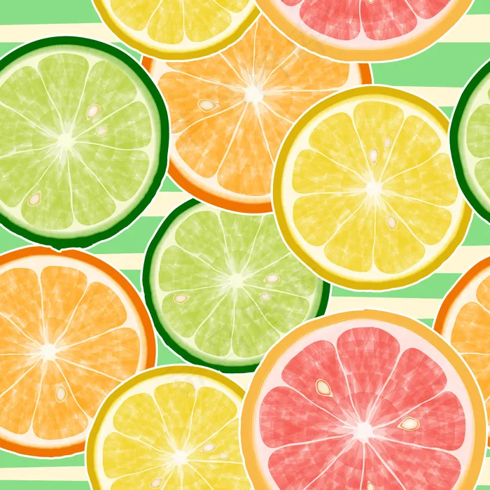无缝柑橘水果图案。柠檬、橘子、柑橘、葡萄柚