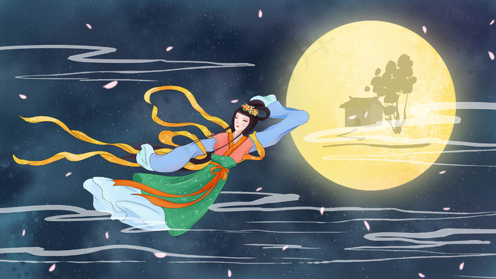 中国风工笔古风嫦娥奔月月亮夜晚星空背景中(2880*1620px 300 dpi )ps