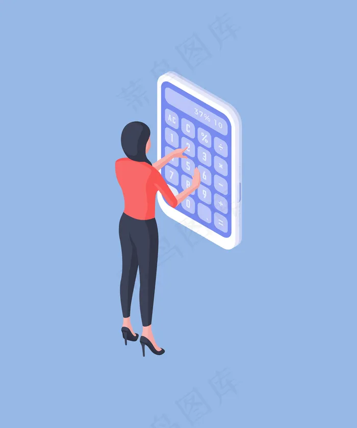 现代女性员工在蓝色背景下使用巨型计算器计算办公室数据的等距矢量图