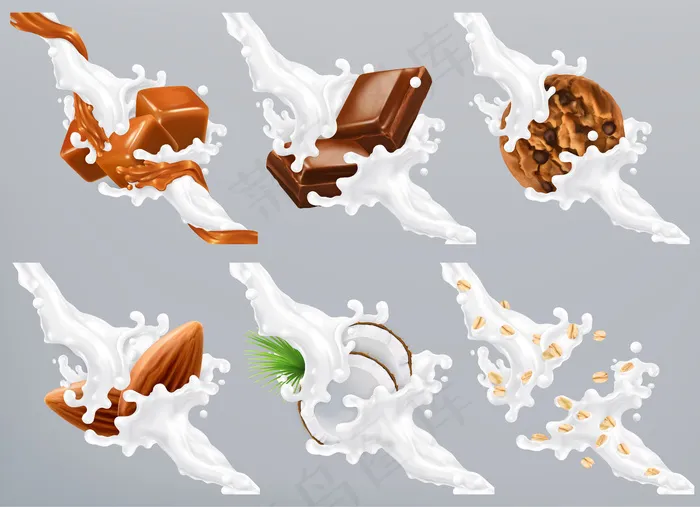 巧克力，焦糖，椰子，杏仁，饼干，牛奶燕麦。酸奶3d写实