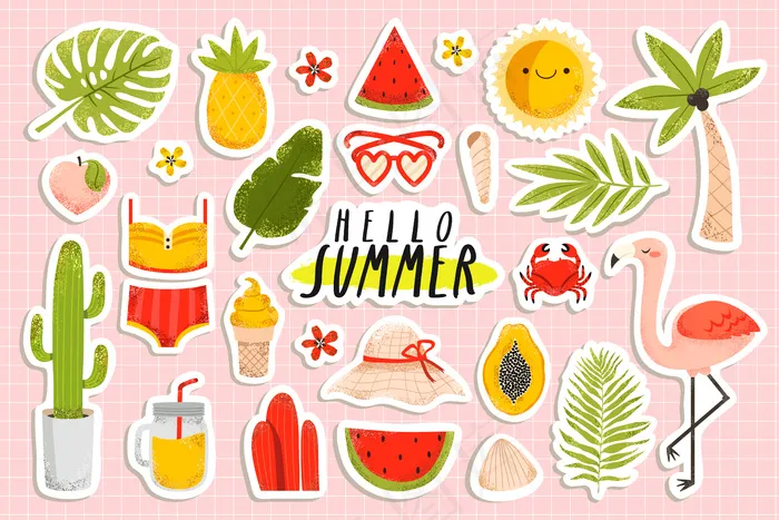 夏季贴纸集火烈鸟，菠萝，棕榈树，冰淇淋，比基尼，西瓜，花卉粉彩粉红色的背景。