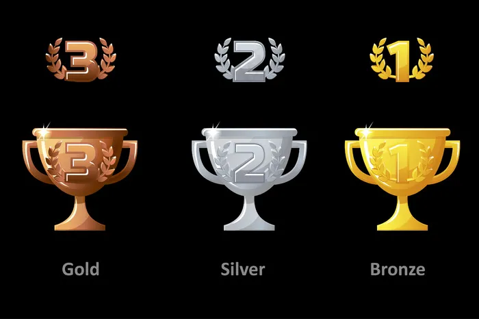 奖杯，奖品，图标。收藏金杯、银杯和铜杯奖。矢量元素的标志，标签，游戏和应用程序app。
