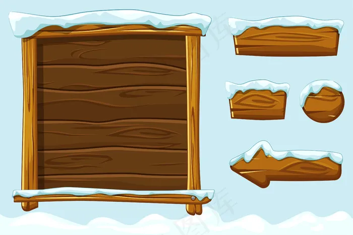 冬季游戏ui木制纽扣带雪。为ui游戏设置木材资源、界面和按钮。