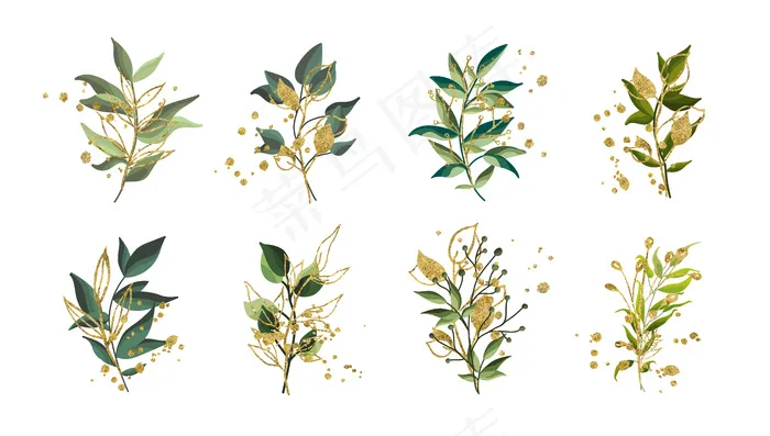 金绿色热带树叶婚礼花束与金色飞溅孤立。花卉矢量插画安排在水彩画风格。植物艺术设计