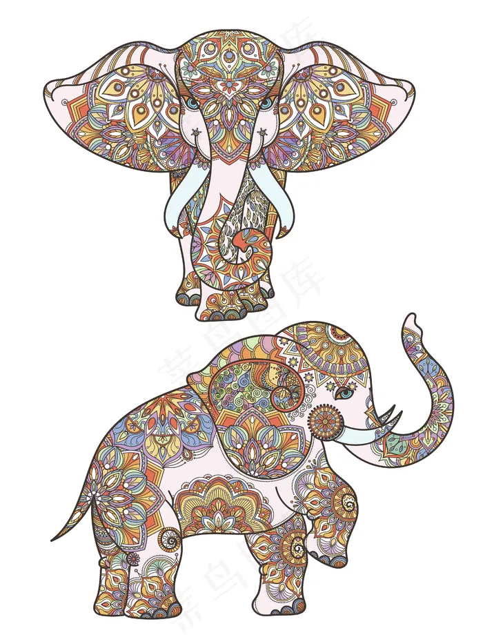 非洲大象的彩色剪影和曼陀罗的装饰。抽象插图非洲象图案装饰