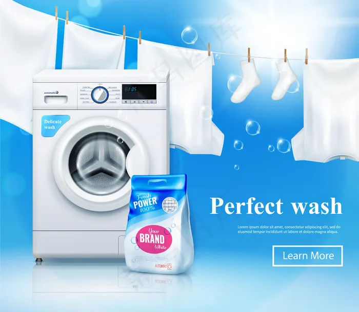 洗衣机广告横幅banner与现实洗衣机和洗衣粉图片与文字和可点击按钮