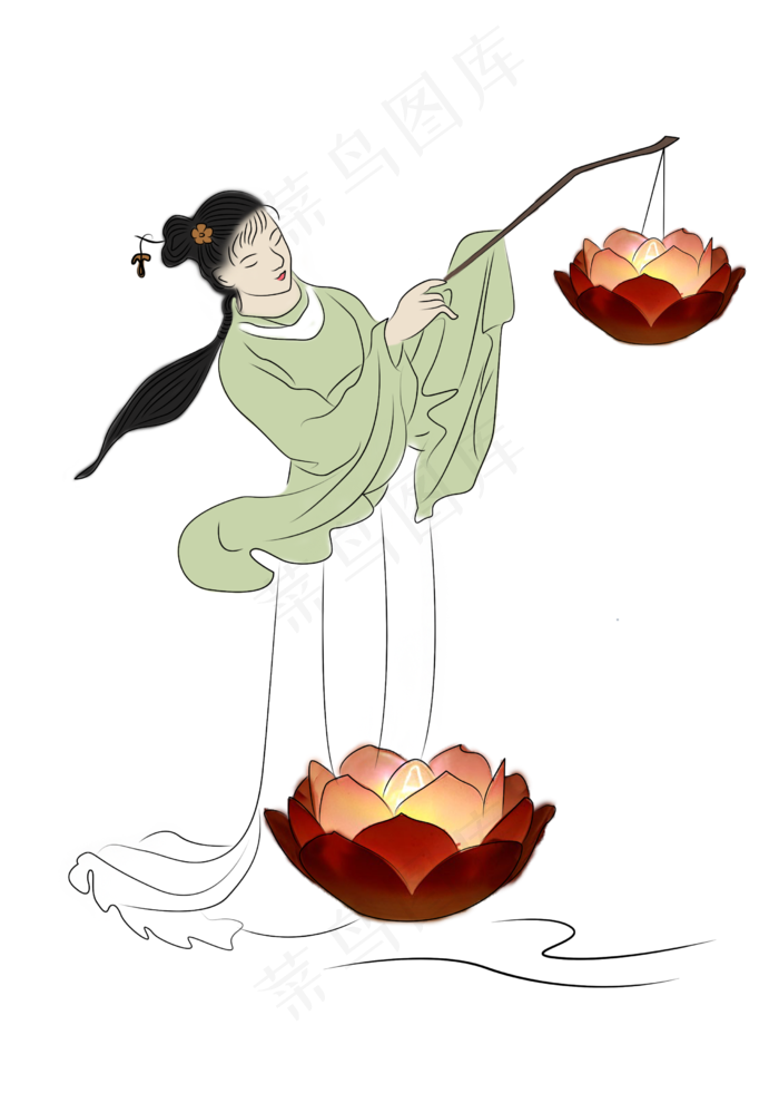中元节鬼节之古人美女放莲花灯2480x3508dpi300psd模版下载