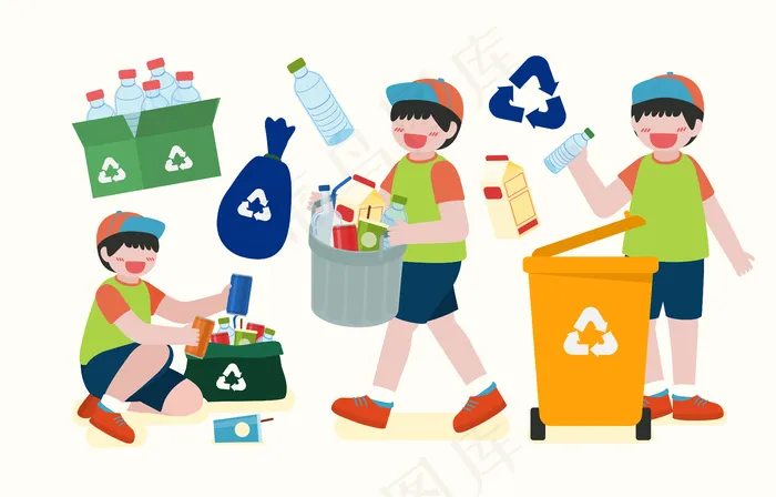 卡通人物《快乐地球日》中，孩子们帮助收集回收箱中的塑料瓶