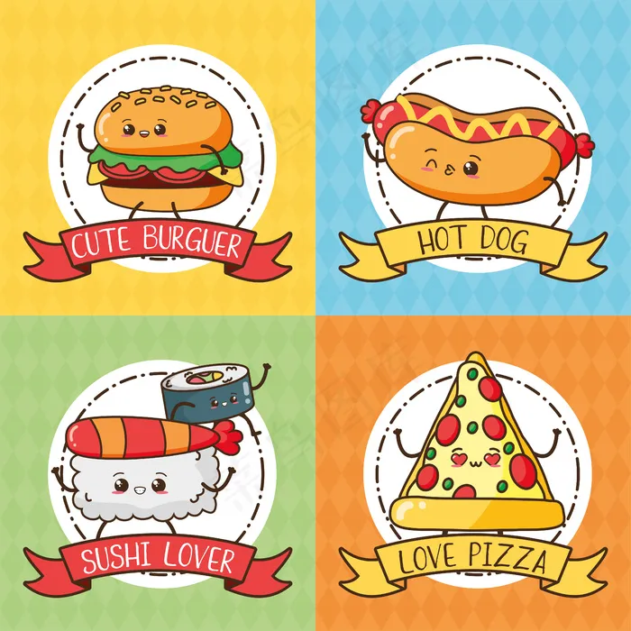 Kawaii快餐套装可爱的食物汉堡，热狗，寿司，披萨
