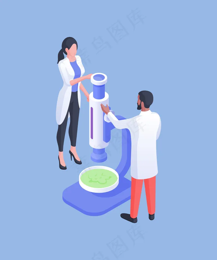 在蓝色下，在实验室工作时，穿着白大褂的不同男女在显微镜下检查绿色物质的等距矢量图