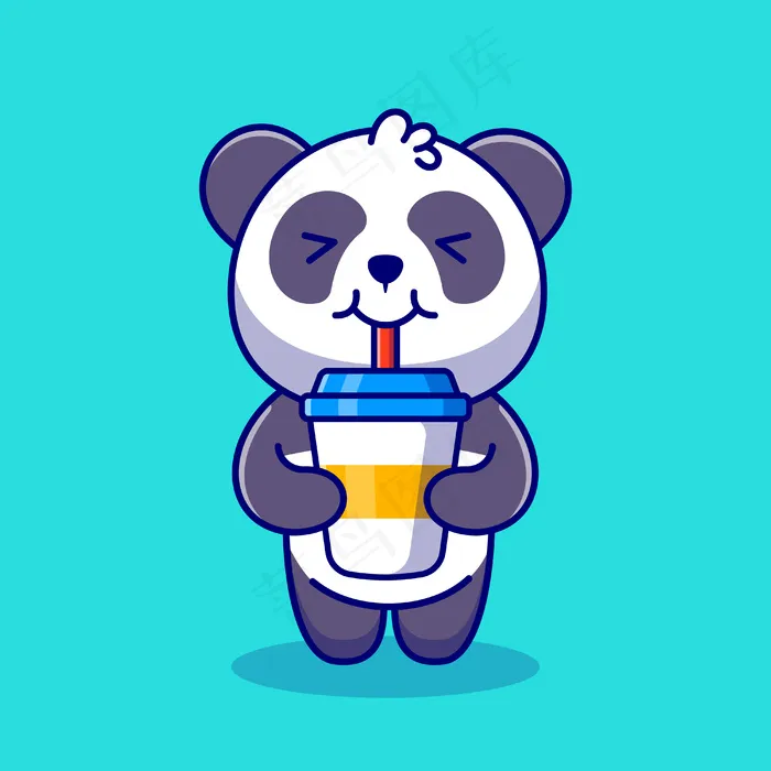 可爱的熊猫喝咖啡卡通图标插图。