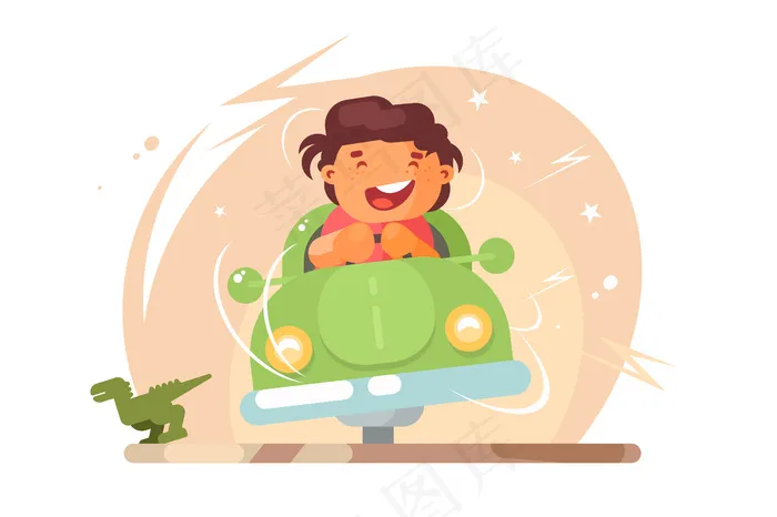 玩具汽车插图中的男孩。微笑的小男孩开车去