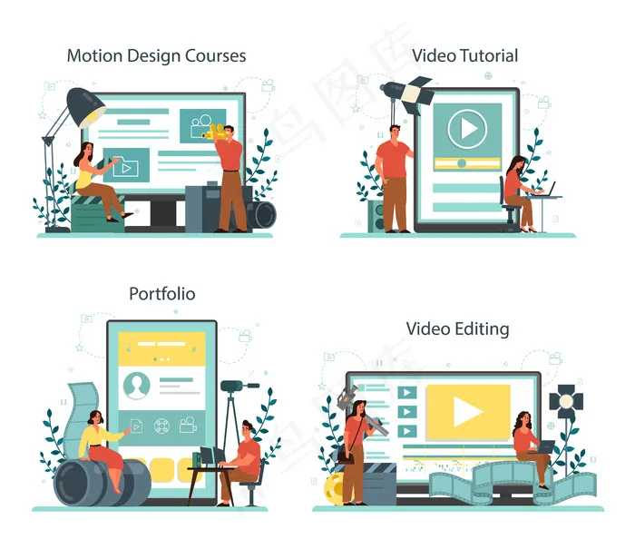 运动或视频设计师在线服务或平台集。动画编辑，动画制作。在线视频编辑，文件夹，课程，教程。矢量图解