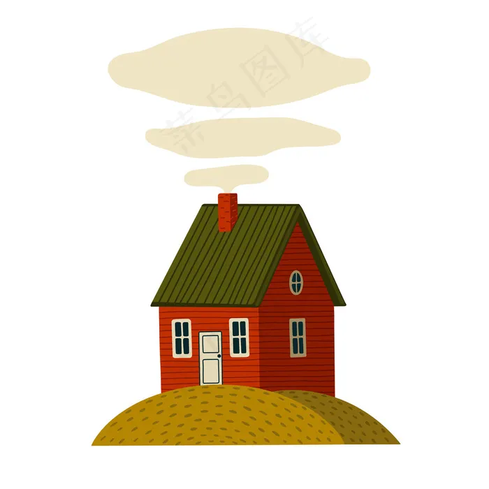 红房子。绿岛乡村风格的木屋。白色背景卡通插画