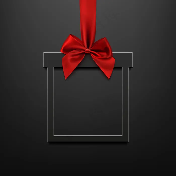 空白，黑色，方形横幅banner在圣诞礼物的形式与红色丝带和蝴蝶结，黑色照明背景。小册子或横幅模板。