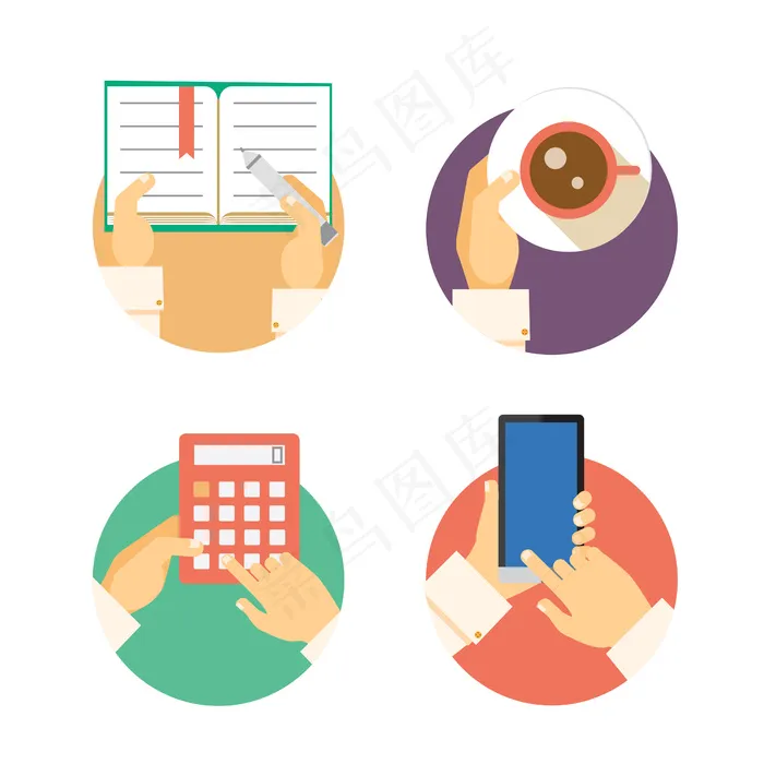 一组商务用手图标，显示的动作包括在日记中书写，在计算器上携带咖啡账目，在智能手机或手机上发短信或导航