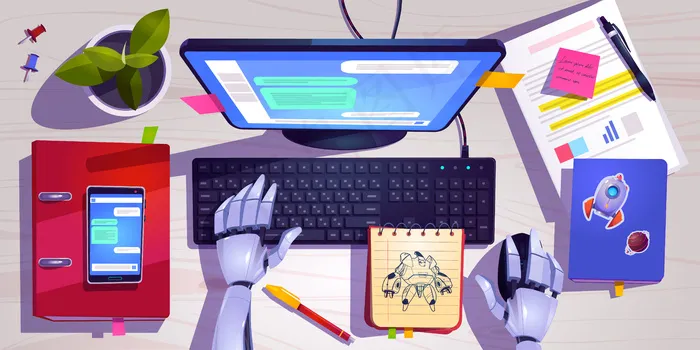 机器人在电脑键盘上工作的工作空间俯视图。