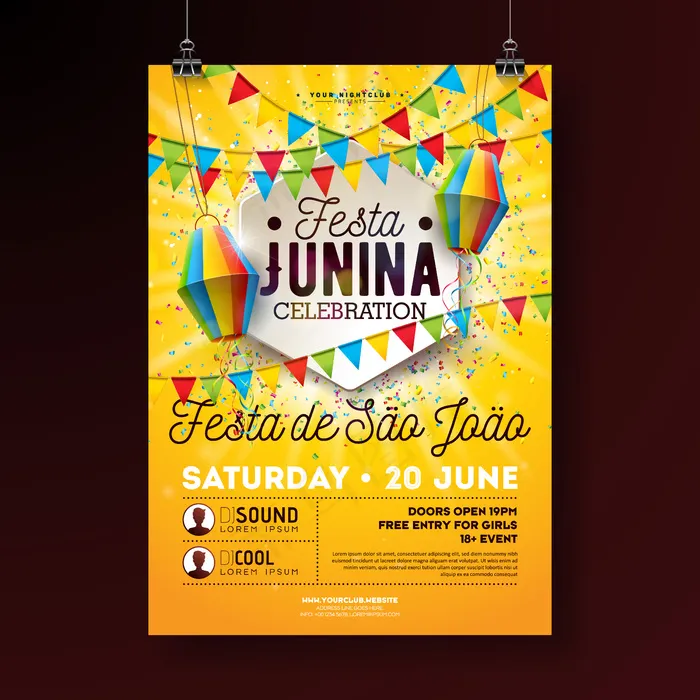 Festa junina派对宣传单,DM传单插图及排版设计。黄色上的旗帜banner、纸灯笼和五彩纸屑。巴西六月节日请柬或节日庆典海报设计。