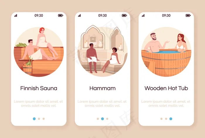 情侣温泉度假酒店在线手机app移动应用程序app屏幕模板。芬兰桑拿。摩洛哥人哈曼。木制热水浴缸。带字符的漫游网站步骤。智能手机卡通ux、ui、gui