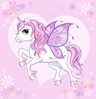 可爱的小独角兽,粉红色的翅膀上有蝴蝶翅膀