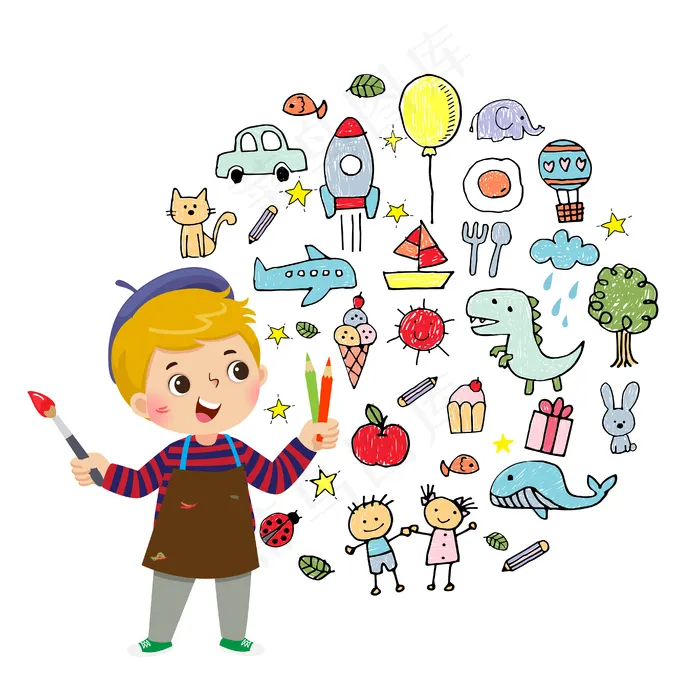 小男孩艺术家用彩色铅笔和画笔在白色背景上绘画的插图卡通。