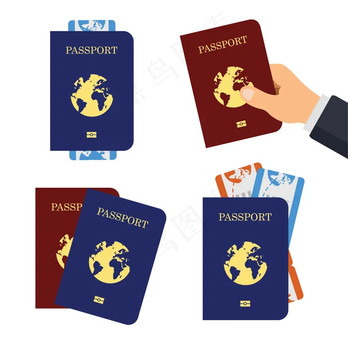 一套护照和机票。航空旅行登机牌的平面设计。模板隔离在白色背景上。