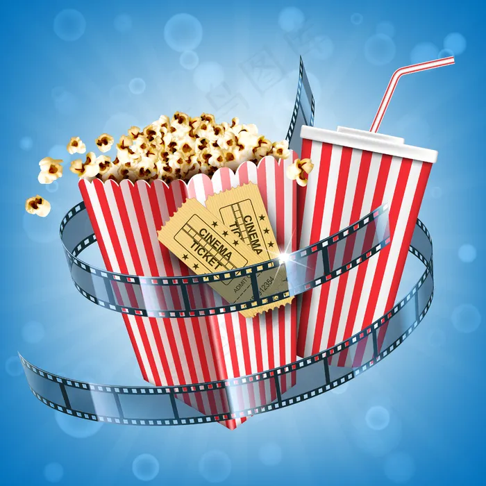 电影院爆米花、苏打饮料、门票和电影连环画电影海报，在抽象模糊的背景上用一次性条纹包装包装的快餐和可乐饮料。逼真的三维插图