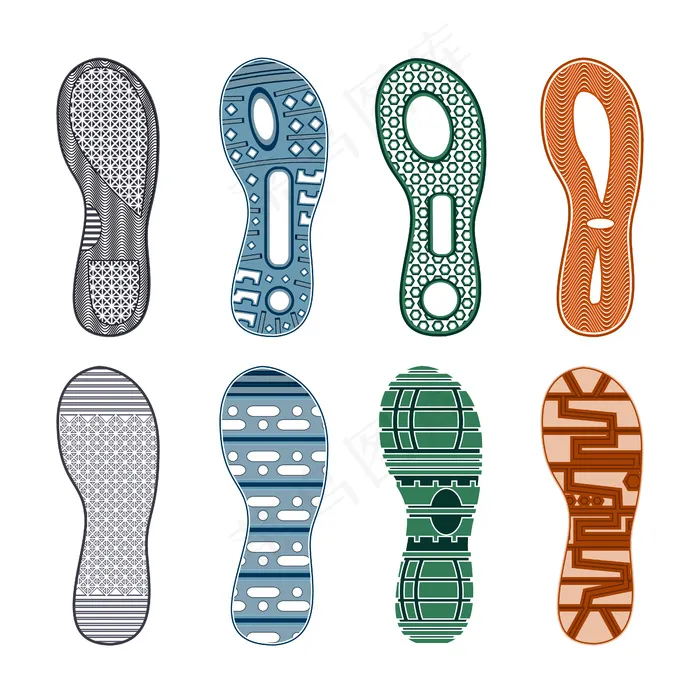 运动鞋的脚印在白色背景上有一套不同的彩色图案