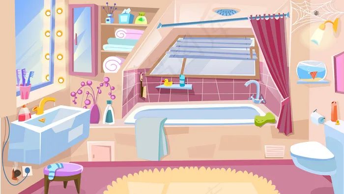 卡通浴室，带浴缸的浴室内部，水龙头马桶水槽，镜子。