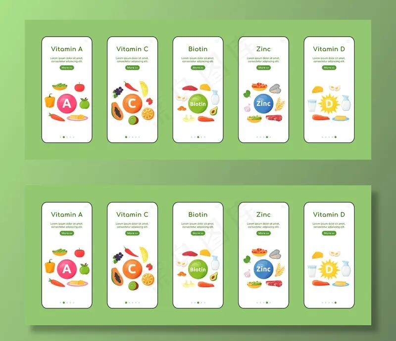 维生素和矿物质车载手机app移动应用程序app屏幕平面模板。健康的自然饮食。带对象的演练网站步骤。ux、ui、gui智能手机卡通界面、案例打印集