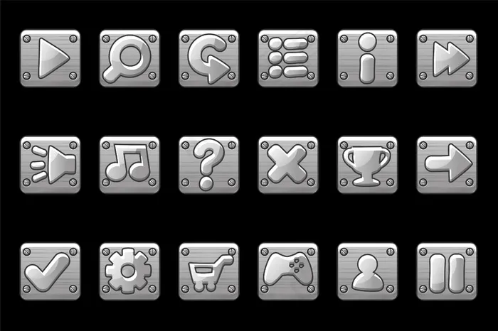 方形金属灰色按钮游戏图形用户界面。用户界面的一组标志应用程序app图标。