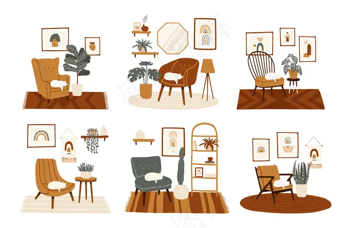 时尚的波西米亚内饰，配有各种舒适的扶手椅、家用植物和猫咪。波西米亚风格的舒适客厅