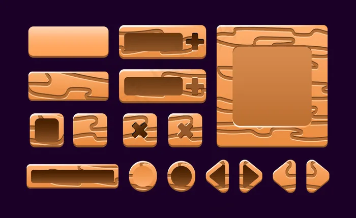 收集一套木制游戏ui框架模板弹出界面的gui资产元素