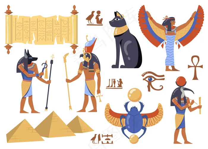 埃及神话人物集。古埃及符号，猫，鸢尾花，纸莎草，有鸟和动物头像的神，金龟子，金字塔。