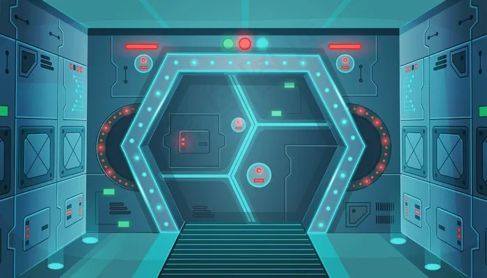 太空船上有门的走廊。卡通背景室内科幻飞船。游戏和手机app移动应用的背景。