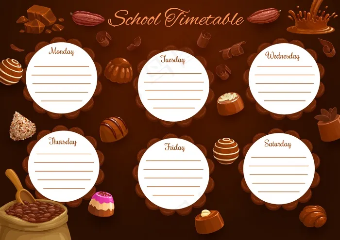 学校时间表或时间表，有巧克力背景的教育模板。