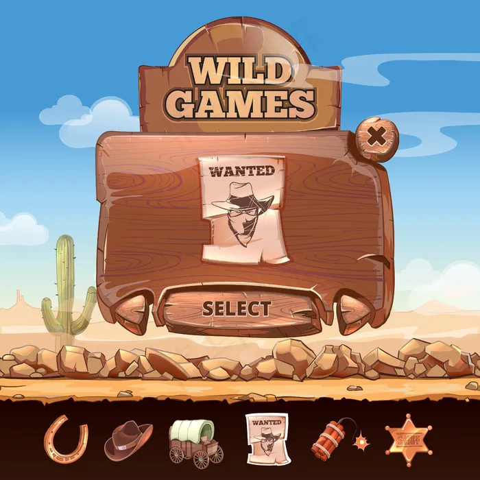 野生西部沙漠景观用户界面界面卡通风格。徽章和通缉令，车牌和马蹄铁，明星和炸药