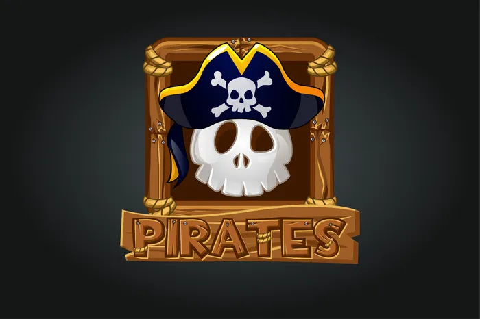 海盗头骨图标的框架为游戏。戴着帽子的可怕头骨，灰色背景，木质框架。