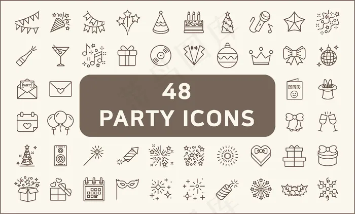 一套48个聚会和节日图标线样式。包括气球，生日，音乐，烟花，礼物，装饰等图标。