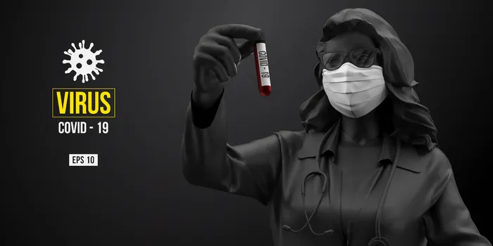 新型冠状病毒。黑衣女人，戴着黑色背景的白色面具。