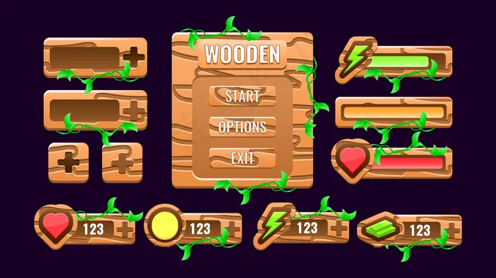 一套木制的自然游戏ui套件板弹出式界面，酒吧，额外的面板，和图形用户界面