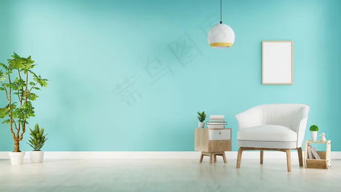 现代客厅灰色扶手椅有橱柜和木架子，木地板和蓝色墙壁，3d渲染