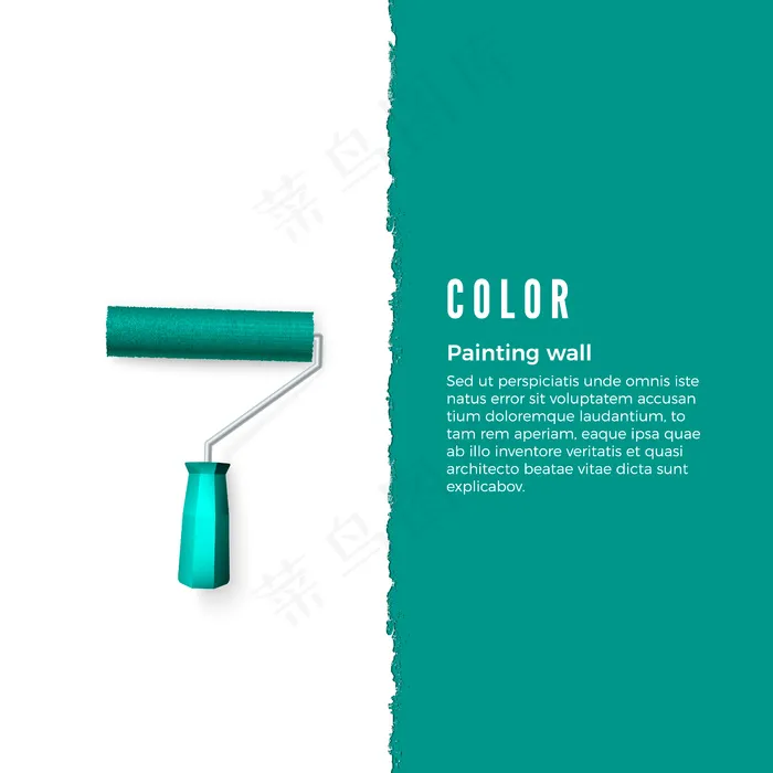 在垂直墙上涂上绿色油漆和用于文本或其他内容的空间的油漆辊。文字滚筒刷。插图