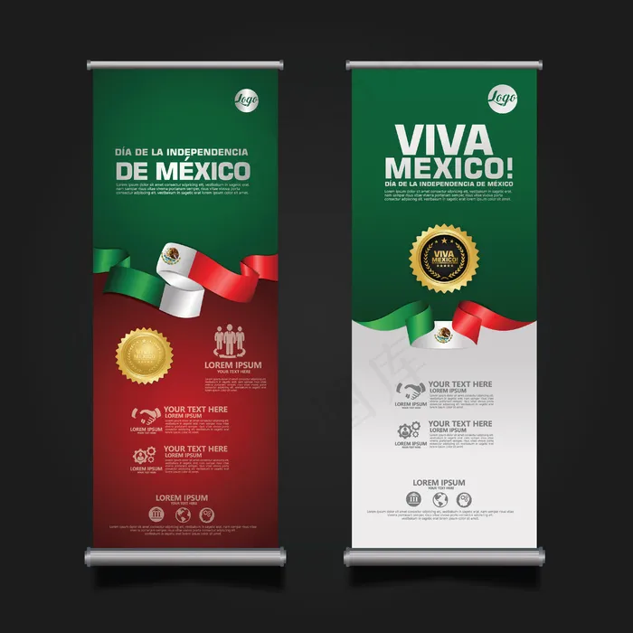 墨西哥独立日庆典，卷起横幅banner设置模板。