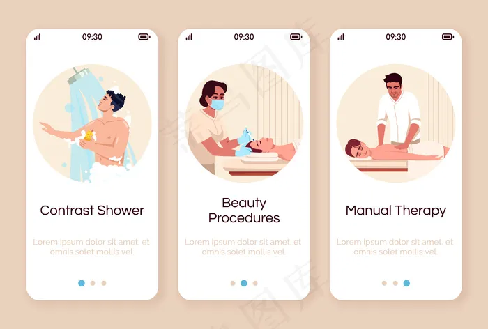水疗度假村入职手机app移动应用程序app屏幕模板。热水淋浴。美容治疗。身体护理和呵护。带字符的漫游网站步骤。智能手机卡通ux、ui、gui